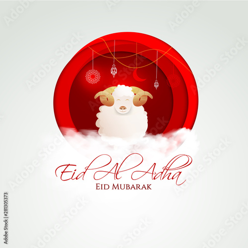 vector illustration. Muslim holiday Eid al-Adha. the sacrifice a ram or white and black sheep. graphic design decoration kurban bayrami. month lamb and a lamp.Translation from Arabic: Eid al-Adha