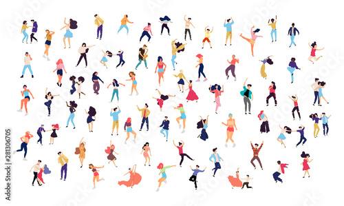 Crowd of young people dancing at club. Big set of characters having fun at party. Flat colorful vector illustration.