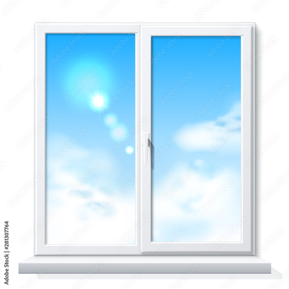 Realistic white window mockup. PVC window for modern room insterior design. Blank glass construction with sill. Residential building vector window. Realistic white window mockup. PVC window for modern room insterior design. Blank glass construction with sill. Residential building vector window.