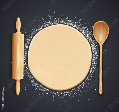 Wooden rolling pin, spoon and kneading dough with flour. Concept design for baking, pizza, cookie, biscuit, bread. Dark background. Eps10 vector illustration.