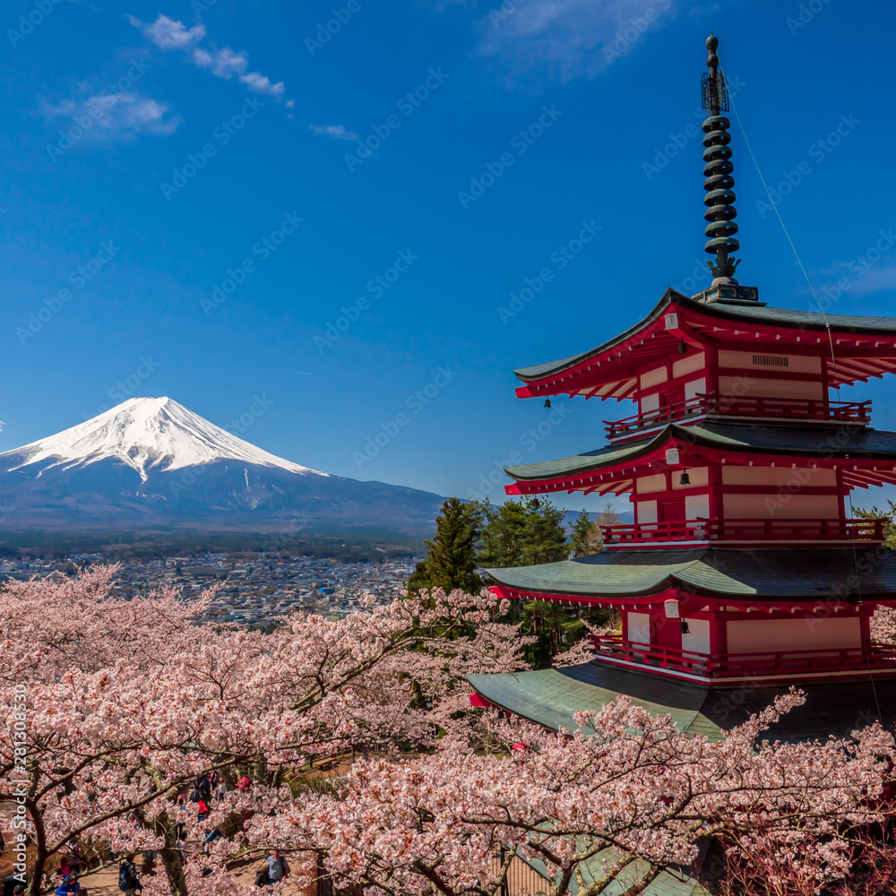 Chureito Pagoda and Mt. Fuji in the spring time with cherry blossoms at Fujiyoshida, Japan.