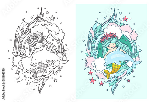 Hand drawn round composition of mermaid with dolphin surrounded seaweed and clouds. Doodle colored vector illustration for adult coloring book page, print, t-shirt, poster, notebook, postcard.