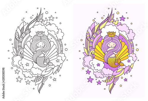 Princess mermaid on the background of a large seashell. Cute cartoon character. Vector illustration for coloring book, print, card, postcard, poster, notebook, shop, t-shirt, tattoo.