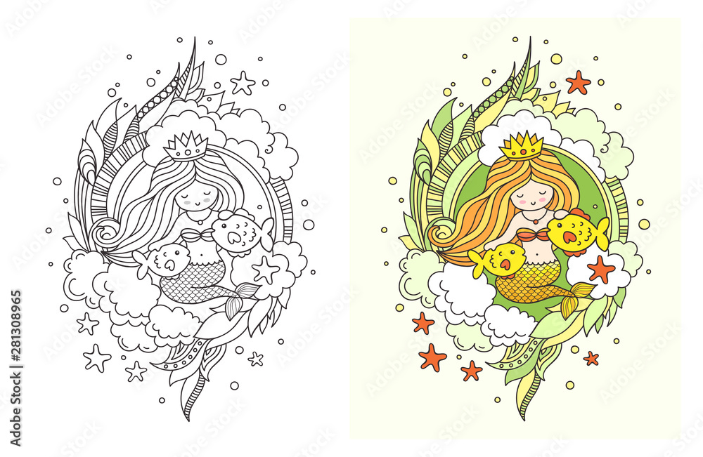 Princess mermaid with two little fish. Cute cartoon characters. Vector ...
