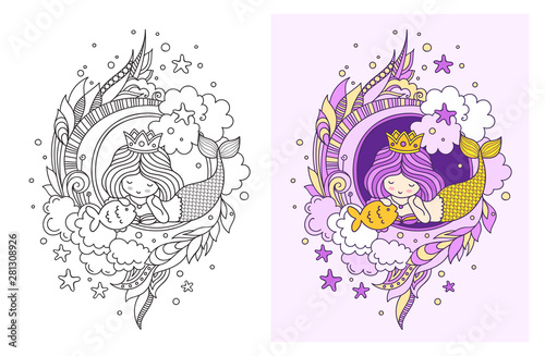 Lovely dreamy princess mermaid with fish.