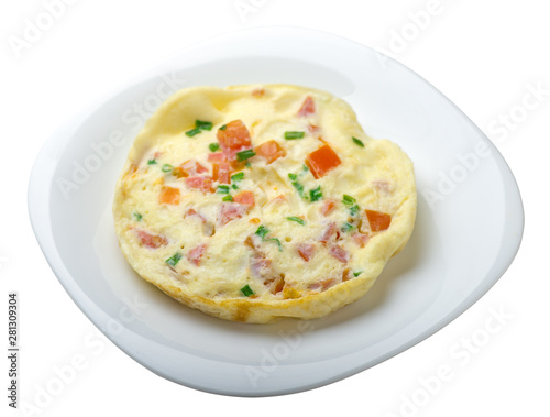 omelet with tomatoes and green onions on a plate isolated on white background.omelet  top view. healthy breakfast