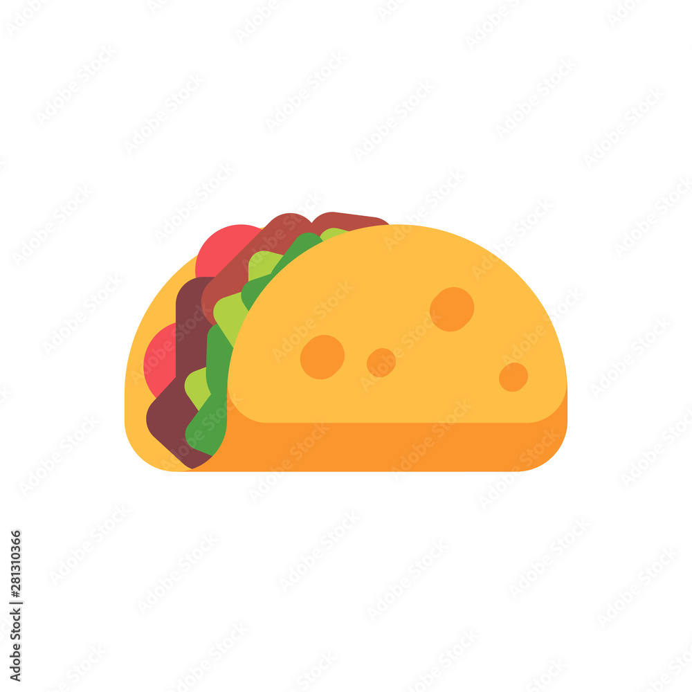 Taco with salad and tomatoes. Mexican fast food flat icon Taco with salad and tomatoes. Mexican fast food flat icon