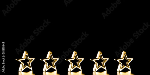 Composition of five golden stars on black background. 5 golden stars. Festive concept. 