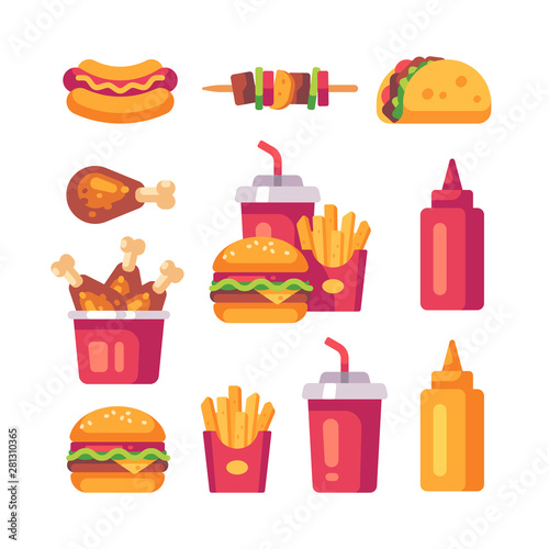 Set of flat fast food icons. Burger, fries, chicken legs, hot dog and soda cup