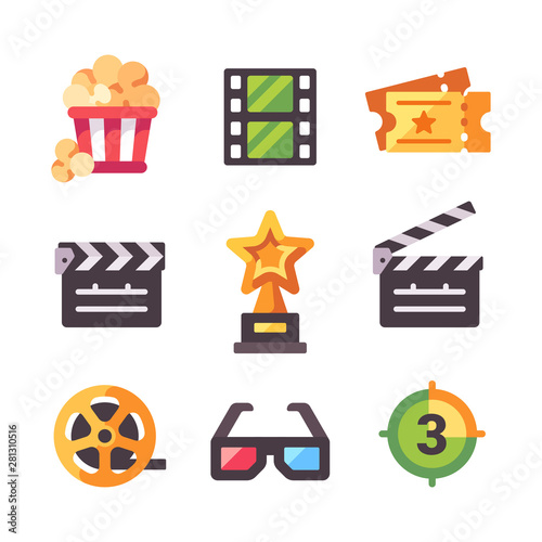 Set of flat cinema icons. Popcorn, tickets, award, clapper board, filmstrip and 3d glasses