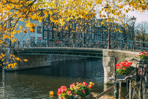 Bridge over Amsterdam canal in fall