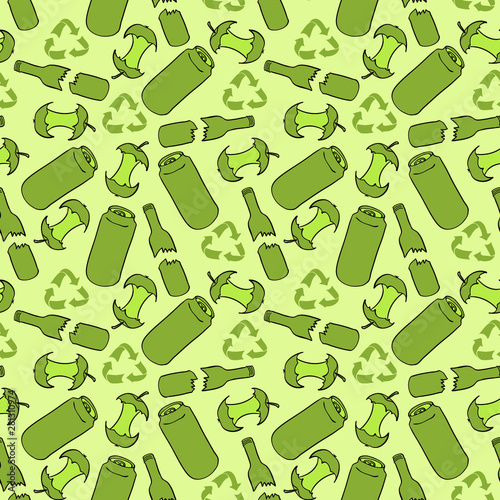 Recycling seamless pattern. Reapeated ornament with different sorts of waste and recycle sign. Green doodle objects on lime background. Vector illustration.