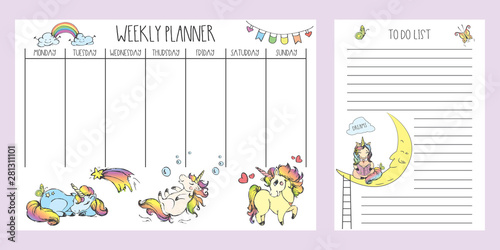 Weekly planner and to do list with cute hand drawn unicorns,adorable fairy tail  animals