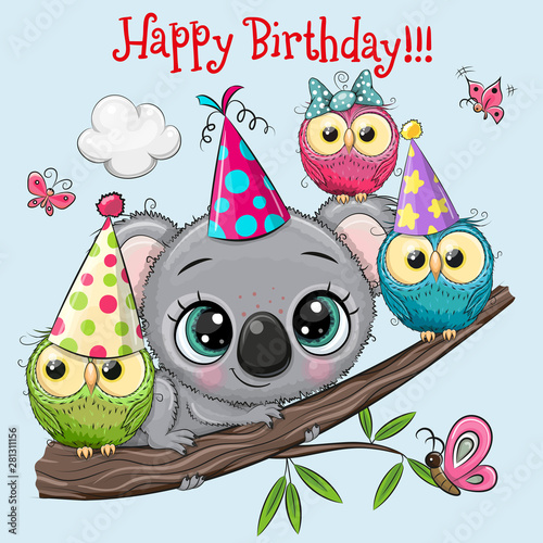 Cute Koala nd owls with balloon and bonnets