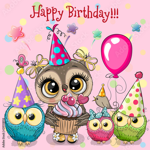 Cute Owls with balloon and bonnets