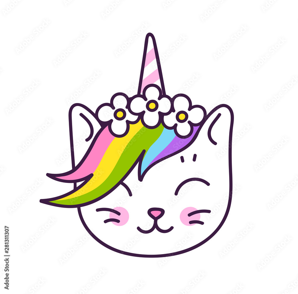Cute white kitten unicorn with horn and rainbow mane, in a flower wreath, isolated on a white bacground. Vector cartoon character. Cute white kitten unicorn with horn and rainbow mane, in a flower wreath, isolated on a white bacground. Vector cartoon character.