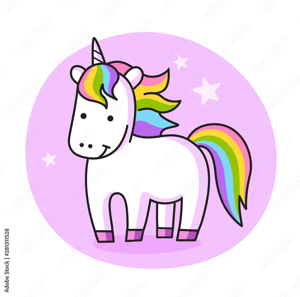 Magic unicorn on a purple background with stars. Cartoon personage. Vector illustration.