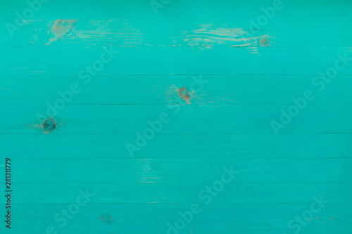 Turquoise wooden beach planks, empty background for copy space, top view