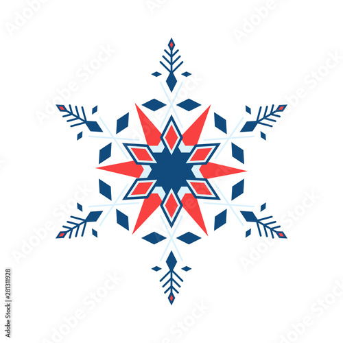 One florid snowflake in geometric style blue and red color is isolated on a white background.