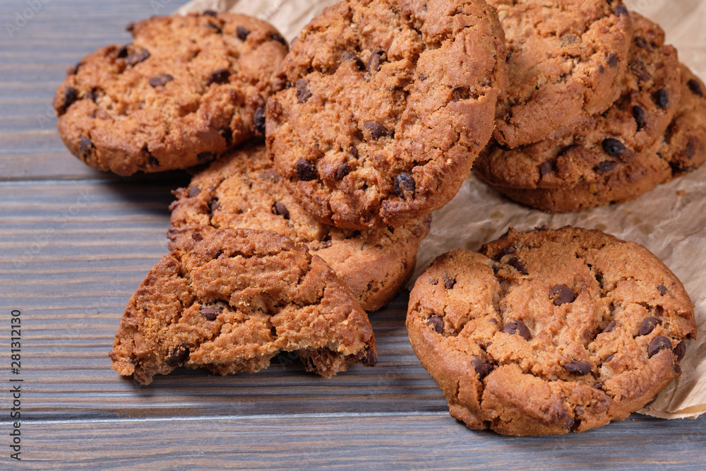 Chocolate oatmeal chip cookies on the rustic wooden table. Chocolate oatmeal chip cookies on the rustic wooden table.