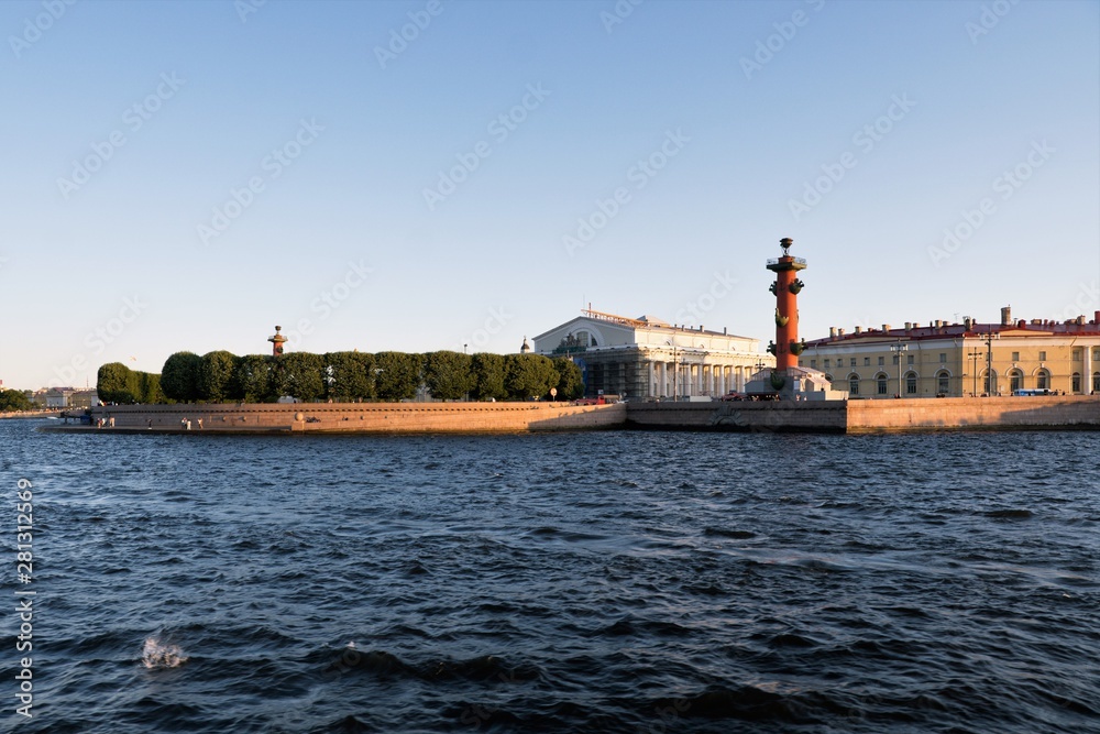 St. Petersburg, Russia, July 2019. View of the Spit of Vasilyevsky Island from the ship. St. Petersburg, Russia, July 2019. View of the Spit of Vasilyevsky Island from the ship.