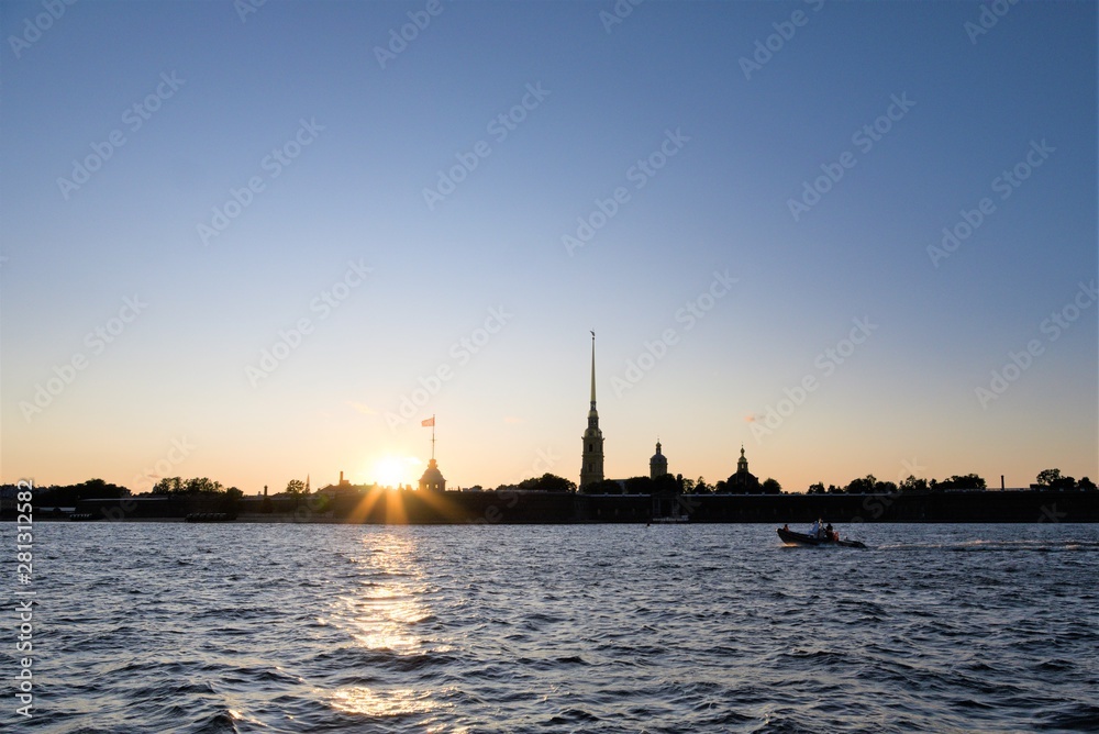 St. Petersburg, Russia, July 2019. View of the Peter and Paul Fortress from the river at sunset.