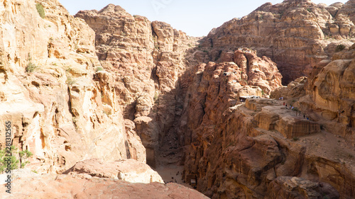 View of beautiful Prehistoric Rock Carved City Petra, UNESCO World Heritage, sandstone mountains, Jordan