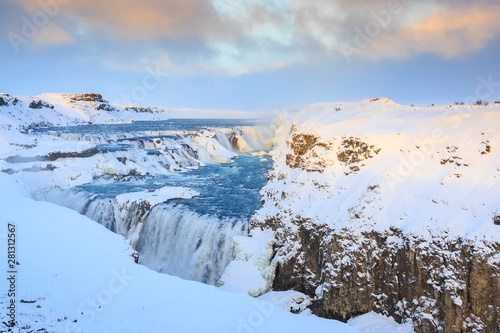 Gullfoss waterfalls in winter located along the golden circle route, Iceland