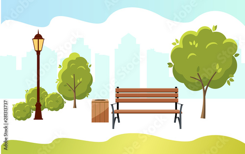 beautiful summer city park with green trees bench, lantern and walkway on background town. Vector illustration.