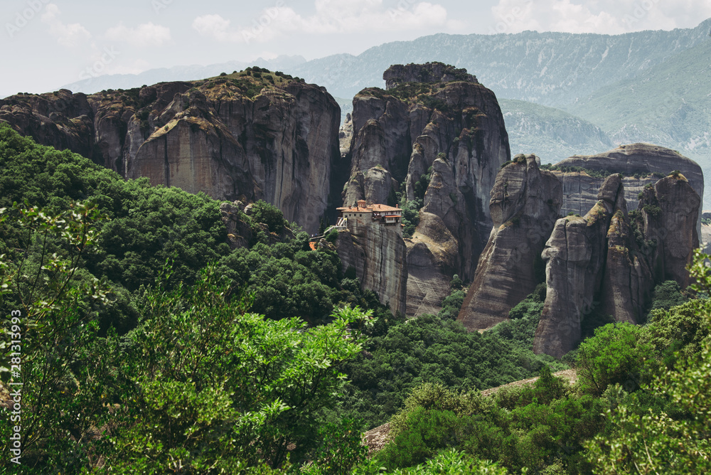 View of the Holy Monastery of Roussanou. Meteora monasteries.  Kalambaka. Greece. UNESCO World Heritage List. Vintage effect.