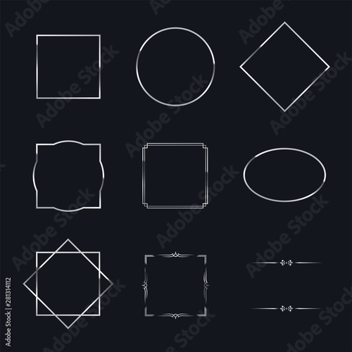 Silver shiny frames with shadows isolated on black background. Vector chrome luxury realistic border set.