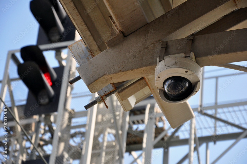 closed circuit camera Multi-angle CCTV system. on the background of railway traffic lights closed circuit camera Multi-angle CCTV system. on the background of railway traffic lights