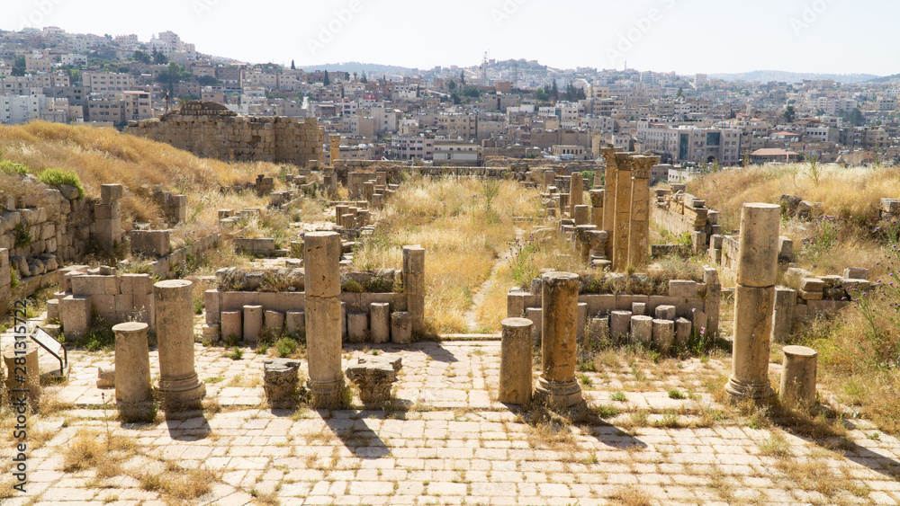 The ruins of the walled Greco-Roman settlement of Gerasa situated in Jerash, archaeological site, Jordan
