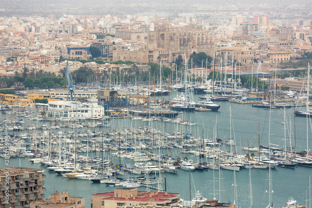 Many yachts in the bay on the background of the blue sea and the architecture of the Mediterranean city Palma de Mallorca