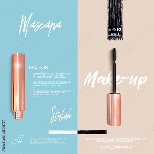 Golden mascara make-up booklet or brochure background. Brush and mascara tube. Black wand and golden tube on light pink and light blue background. Fashionable cosmetics Make up design for Eyes