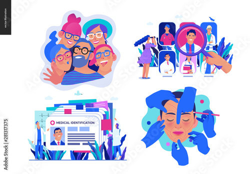 Set of medical insurance illustrations -opticians shop, find a doctor, medical id, health card, cosmetic, plastic surgery - modern flat vector concept digital illustrations, insurance plan metaphor