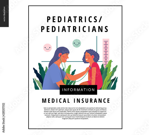 Pediatrics - medical insurance -modern flat vector concept digital illustration - female pediatrician carrying out the auscultation of a little girl with a stethoscope, medical office or laboratory
