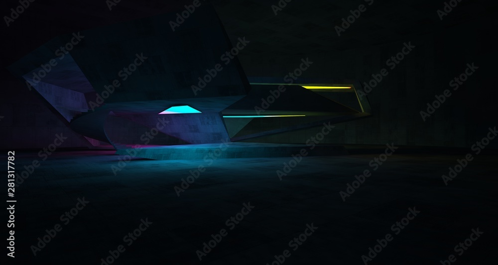 Abstract architectural concrete interior of a minimalist house with color gradient neon lighting. 3D illustration and rendering. Abstract architectural concrete interior of a minimalist house with color gradient neon lighting. 3D illustration and rendering.