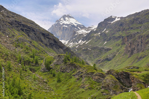 Beautiful valley in the way to Rifugio Benevolo with Granta Parey Peak at background, Val d'Aosta, Italy © estivillml