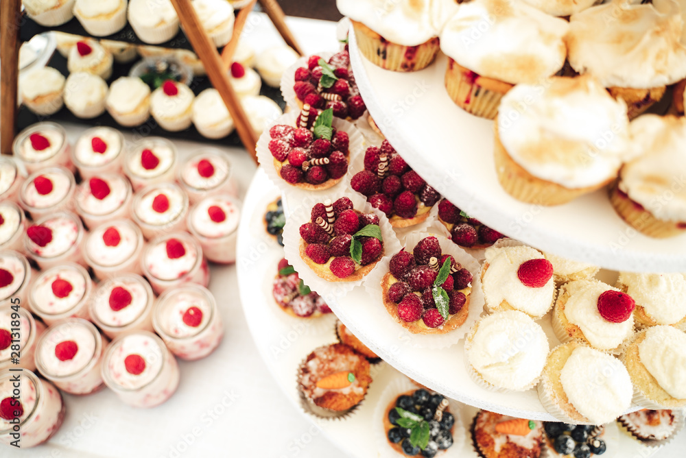 Large variety of pastries, mousse and cupcakes