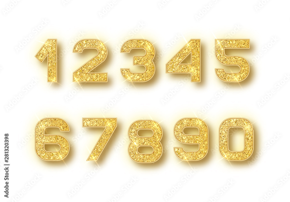 Gold glitter alphabet numbers set with shadow. Vector realistick shining golden font number 1,2,3,4,5,6,7,8,9,0 of sparkles on white background. For decoration of cute wedding, anniversary, party Gold glitter alphabet numbers set with shadow. Vector realistick shining golden font number 1,2,3,4,5,6,7,8,9,0 of sparkles on white background. For decoration of cute wedding, anniversary, party