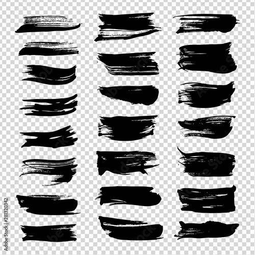 Abstract textured big black ink brushstrokes set isolated on imitation transparent background