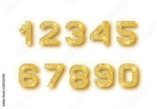 Gold glitter alphabet numbers set with shadow. Vector realistick shining golden font number 1,2,3,4,5,6,7,8,9,0 of sparkles on white background. For decoration of cute wedding, anniversary, party
