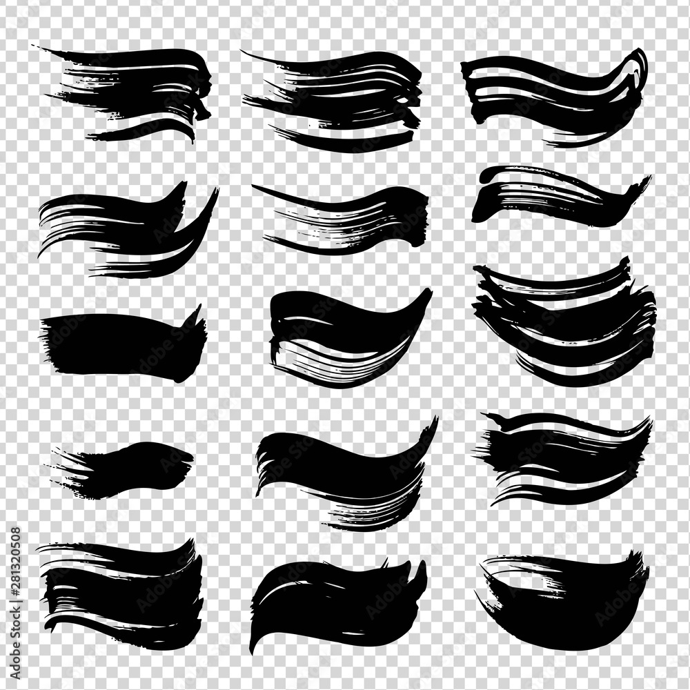Textured abstract black ink brushstrokes set isolated on imitation transparent background