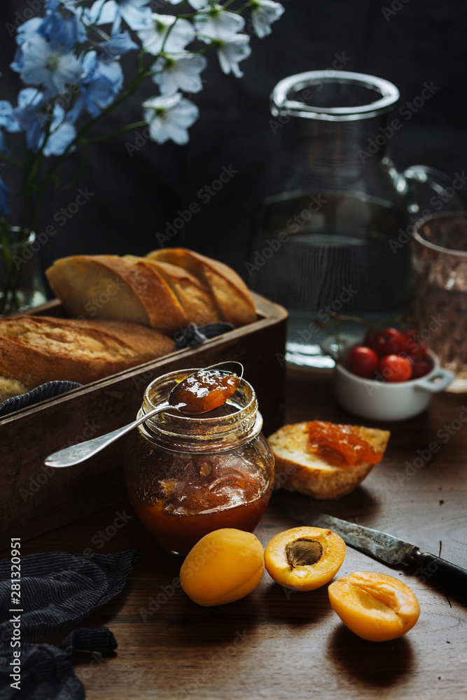 French bread with fruit jam and apricotes French bread with fruit jam and apricotes