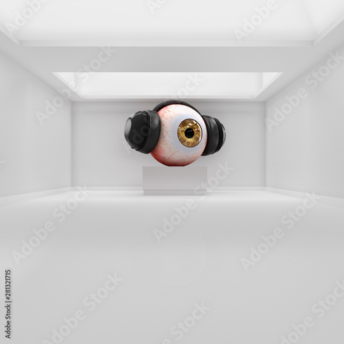 Giant eye with black headphones in an art gallery photo