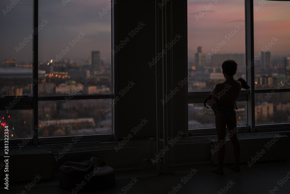 A boy with a dog in a room with a beautiful view from the window