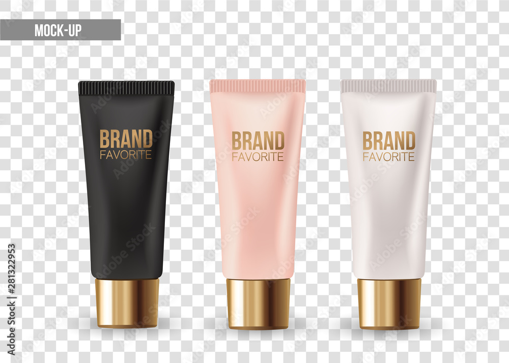 Set of realistic package for luxury cosmetic product. plastic containers with gold cap: bottle for liquid, skin care cream or gel. Vector mockup on transparent background Set of realistic package for luxury cosmetic product. plastic containers with gold cap: bottle for liquid, skin care cream or gel. Vector mockup on transparent background