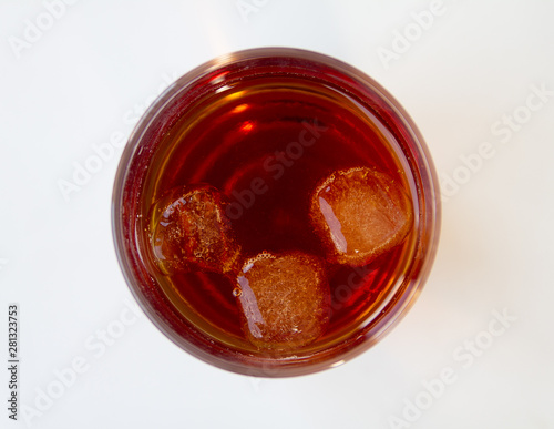 Beautiful cold fizzy cola soda with cubes ice in glasses