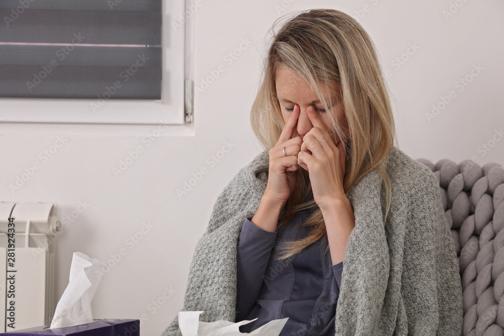 Woman Sneezing into Tissue. Flu, Allergy, Runny Nose Woman Sneezing into Tissue. Flu, Allergy, Runny Nose